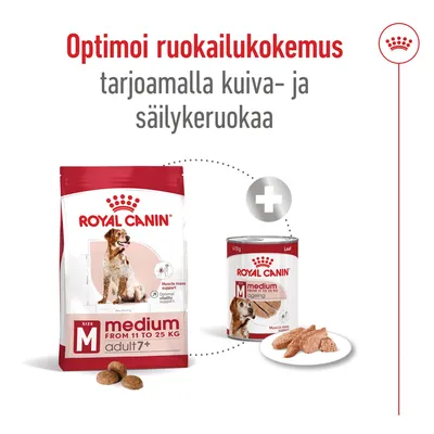 Royal Canin medium adult 7+ kuivaruoan pussi (11–25 kg) ja säilykeruoka, annospalat lautasella. Teksti: Optimoi ruokailukokemus tarjoamalla kuiva- ja säilykeruokaa.