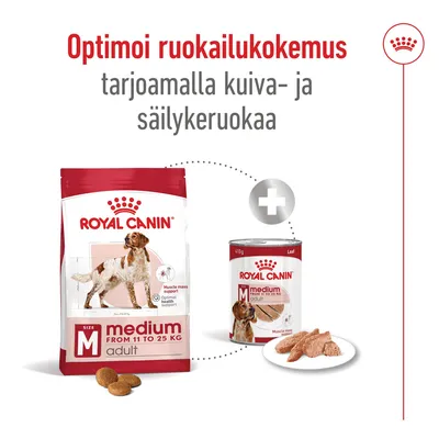 Royal Canin medium adult -kuivaruoka 11–25 kg koirille ja säilykeruoka. Teksti: Optimoi ruokailukokemus tarjoamalla kuiva- ja säilykeruokaa.