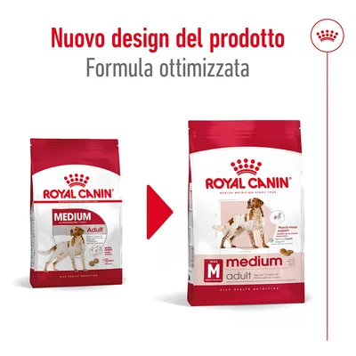 Nuovo design del prodotto Royal Canin Medium Adult, formula ottimizzata. Immagine delle due confezioni affiancate con testo visibile: 'Muscle mass support', 'medium', 'adult'.