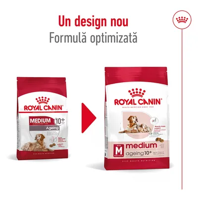 Royal Canin Medium Ageing 10+ pentru câini, prezentare a vechiului și noului ambalaj cu text: Un design nou, Formulă optimizată. Ambalaje roșu-alb cu imagine de câine.