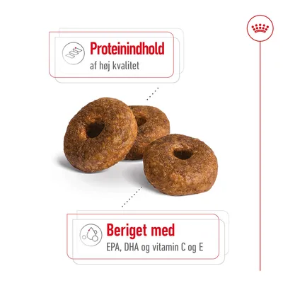 Tre ringformede foderpiller. Tekst: Proteinindhold af høj kvalitet. Beriget med EPA, DHA og vitamin C og E.