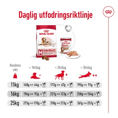 Daglig utfodringsriktlinje för Royal Canin Medium Ageing 10+ torr- och våtfoder. Tabell visar mängder för hundar på 11, 16 och 25 kg beroende på aktivitetsnivå och fodertyp.
