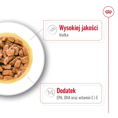 Mokra karma w sosie, opis: wysokiej jakości białka; dodatek EPA, DHA oraz witamin C i E.