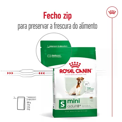 Royal Canin mini adult 8+ com fecho zip para preservar a frescura do alimento. Destaque para sistema easyopen & zipsystem e freshpack. Disponível em embalagens de 800 g, 2 kg, 4 kg, 8 kg.