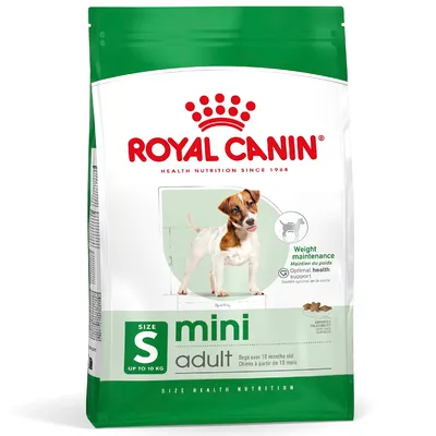 Royal Canin Mini Adult, størrelse S op til 10 kg, til hunde fra 10 måneder. Understøtter vægtvedligeholdelse og optimal sundhed. Beriget med høj accept.