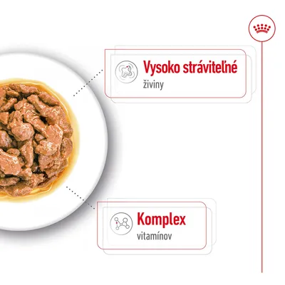 Miska s kúskami krmiva v omáčke, text: Vysoko stráviteľné živiny, Komplex vitamínov.