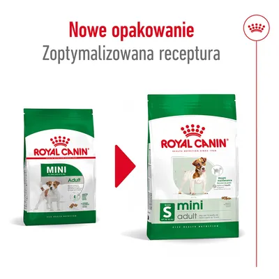 Nowe opakowanie Royal Canin Mini Adult. Zoptymalizowana receptura. Porównanie starego i nowego opakowania karmy dla psów małych ras widoczne na zdjęciu.