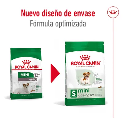 Royal Canin Mini Ageing 12+ muestra cambio de diseño de envase y texto: 'Nuevo diseño de envase. Fórmula optimizada'. Dos sacos visibles con diferente presentación.