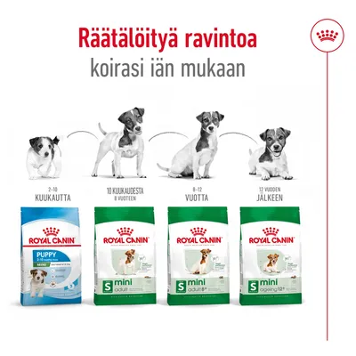 Royal Canin -koiranruokapakkaukset eri ikäisille: Puppy 2–10 kk, Mini Adult 10 kk–8 v, Mini Adult 8+ 8–12 v, Mini Ageing 12+ yli 12 v. Teksti: Räätälöityä ravintoa koirasi iän mukaan.