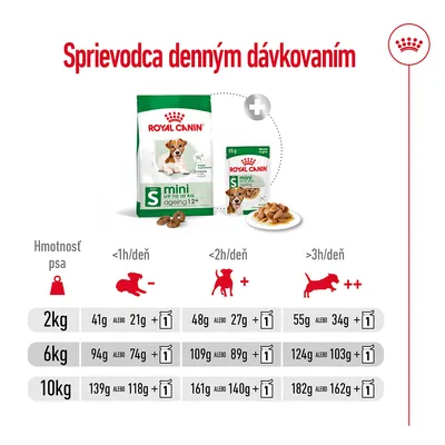 Sprievodca denným dávkovaním Royal Canin Mini Ageing 12+ podľa hmotnosti psa (2 kg, 6 kg, 10 kg) a dennej aktivity; kombinácia suchého a mokrého krmiva v gramoch.