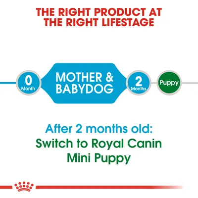 Mother & Babydog 0–2 kk, Puppy 2 kk alkaen. After 2 months old: Switch to Royal Canin Mini Puppy. THE RIGHT PRODUCT AT THE RIGHT LIFESTAGE.