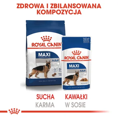 Royal Canin Maxi Adult – opakowanie suchej karmy oraz saszetka kawałków w sosie dla dużych psów. Widoczny napis: Zdrowa i zbilansowana kompozycja.