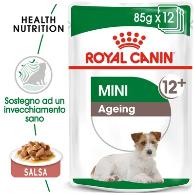 Royal Canin MINI Ageing 12+, confezione da 12 buste da 85 g, salsa. Sostegno ad un invecchiamento sano. Immagine di cane piccolo e crocchette in salsa.