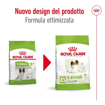 Confronto tra vecchio e nuovo design della confezione Royal Canin X-Small Adult 8+ per cani, con testo: 'Nuovo design del prodotto. Formula ottimizzata'.