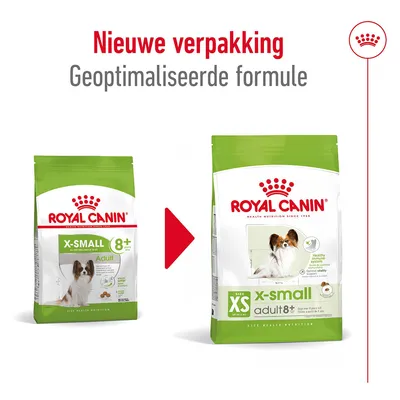 Royal Canin X-Small Adult 8+ hondenvoer, nieuwe verpakking en geoptimaliseerde formule. Links oud design, rechts nieuw design met hond en productinformatie zichtbaar.