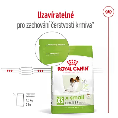 Balení Royal Canin x-small adult 8+ s uzavíratelným zipem, text: Uzavíratelné pro zachování čerstvosti krmiva, easyopen & zipsystem, freshpack. Velikost XS, 1,5 kg nebo 3 kg.