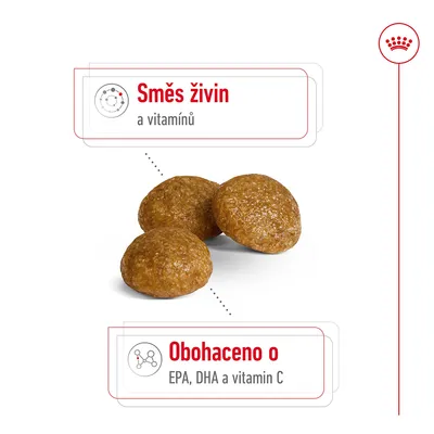 Granule s textem: Směs živin a vitamínů. Obohaceno o EPA, DHA a vitamin C.