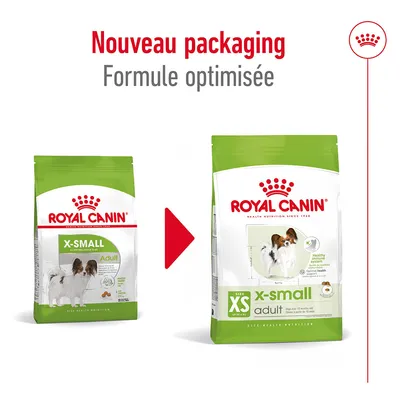 Nouveau packaging Royal Canin X-Small Adult, ancienne et nouvelle version du sac visibles, texte : Formule optimisée. Chien illustré sur chaque emballage, mentions Size XS et x-small adult.