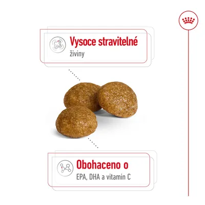 Tři granule, text: Vysoce stravitelné živiny. Obohaceno o EPA, DHA a vitamin C.