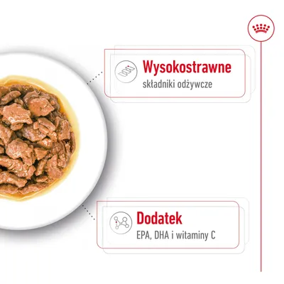 Mokra karma w sosie na talerzu. Wyróżnione cechy: wysokostrawne składniki odżywcze, dodatek EPA, DHA i witaminy C.