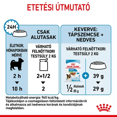 Etetési útmutató: csak alutasak 2+1/2 vagy 2 db, keverve 1/2 alutasak (85 g) + 39 g vagy 29 g száraztáp, várható felnőttkori testsúly 2 kg. Royal Canin Puppy csomag látható.