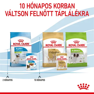 10 hónapos korban váltson felnőtt táplálékra. Royal Canin Puppy 2–10 hónap, Adult Chihuahua és X-Small Adult kutyatáp csomagolások, 2 és 10 hónapos jelöléssel.