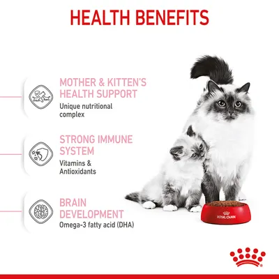 Health benefits: mother and kitten’s health support with unique nutritional complex, strong immune system with vitamins and antioxidants, brain development with omega-3 fatty acid (DHA).