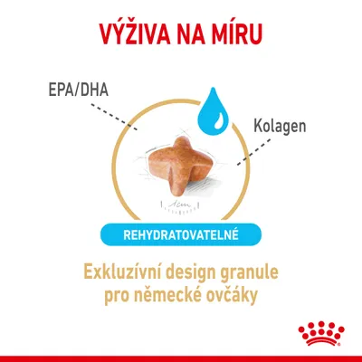 Výživa na míru, EPA/DHA, Kolagen, rehydratovatelné. Exkluzivní design granule pro německé ovčáky. Obrázek granule s rozměrem 1 cm.