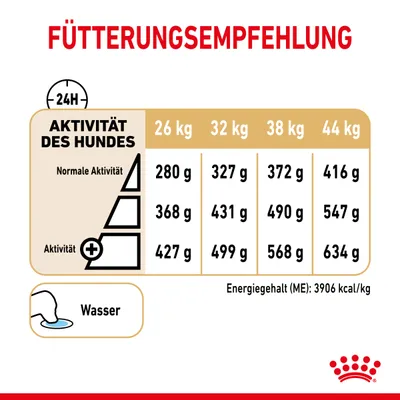 Ruokintasuositus koirille painon ja aktiivisuuden mukaan: 26–44 kg, normaali aktiivisuus 280–416 g, lisääntynyt aktiivisuus 368–634 g. Energiasisältö: 3906 kcal/kg. Tarjoa vettä.