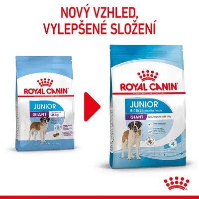 ROYAL CANIN JUNIOR GIANT, změna obalu a složení. Nový vzhled, vylepšené složení. Původní a nový obal s texty: 45 kg, 8–18/24 months/mois, ADULT WEIGHT OVER 45 kg.