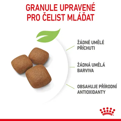 Granule upravené pro čelist mláďat, žádné umělé příchuti, žádná umělá barviva, obsahuje přírodní antioxidanty. Tři granule na bílém pozadí.
