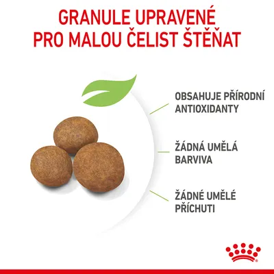 Granule upravené pro malou čelist štěňat, obsahuje přírodní antioxidanty, žádná umělá barviva, žádné umělé příchuti. Tři kulaté granule na obrázku.