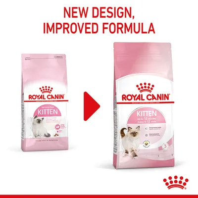 Royal Canin kitten food packaging update shown with new design and improved formula, highlighting change from old to new product for kittens up to 12 months.