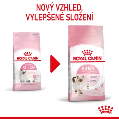 ROYAL CANIN KITTEN – změna obalu a složení. Dvě balení s nápisy 'Second Age Kitten' a 'Kitten Up to 12 months'. Text: NOVÝ VZHLED, VYLEPŠENÉ SLOŽENÍ.