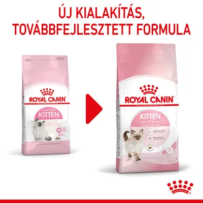 Royal Canin Kitten macskaeledel régi és új csomagolása, felül: Új kialakítás, továbbfejlesztett formula. Az új csomagon: Kitten Up to 12 months, Royal Canin márkanév.