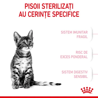 Pisoii sterilizați au cerințe specifice: sistem imunitar fragil, risc de exces ponderal, sistem digestiv sensibil. Sigla Royal Canin în colțul din dreapta jos.
