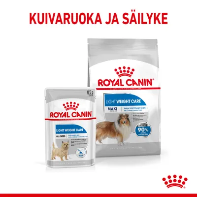Royal Canin Light Weight Care -kuivaruoka ja säilyke, pakkauksissa koirakuvat ja tekstit: MAXI, Helps Limit Weight Gain, 85 g, ALL SIZES. Ylhäällä teksti: KUIVARUOKA JA SÄILYKE.