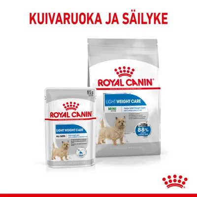 Royal Canin Light Weight Care -kuivaruoka ja säilyke koirille, pakkauksissa näkyy pieni koira ja teksti 'Helps Limit Weight Gain', paino 85 g sekä Mini-merkintä.