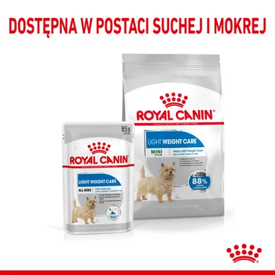 Royal Canin Light Weight Care dla psów, dostępna w postaci suchej i mokrej. Widoczne opakowania: saszetka 85 g oraz worek Mini Light Weight Care.