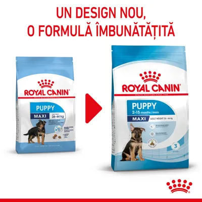 Pungi de hrană uscată pentru câini Royal Canin Puppy Maxi, design vechi și nou. Text: Un design nou, o formulă îmbunătățită. Pentru greutatea adultului 26–44 kg, 2–15 luni.