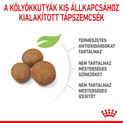 A kölyökkutyák kis állkapcsához kialakított tápszemcsék. Természetes antioxidánsokat tartalmaz, nem tartalmaz mesterséges színezéket és ízesítőt.