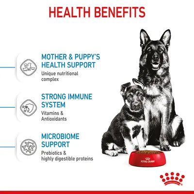 Health benefits: mother and puppy's health support with unique nutritional complex, strong immune system with vitamins and antioxidants, microbiome support with prebiotics and digestible proteins.