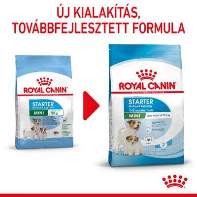 ROYAL CANIN Starter Mother & Babydog Mini 10 kg régi és új csomagolás, felül: Új kialakítás, továbbfejlesztett formula