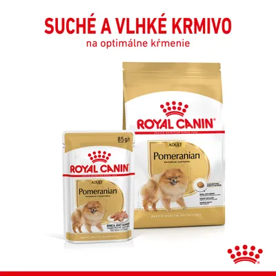 ROYAL CANIN ADULT Pomeranian suché a vlhké krmivo, 85 g. Text: Suché a vlhké krmivo na optimálne kŕmenie. BONE & JOINT SUPPORT. Zobrazené balenia s obrázkom pomeraniana.