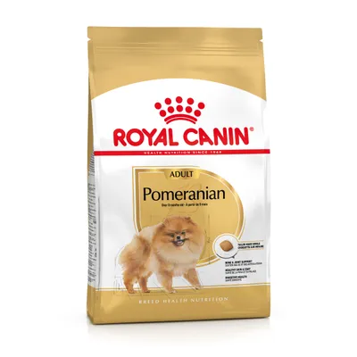 Royal Canin Adult Pomeranian hondenvoer, afbeelding van een Pomeranian en brokjes, tekst: over 8 months old – à partir de 8 mois, Bone & Joint Support, Healthy Skin & Coat, Digestive Health.