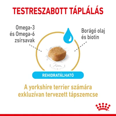 Testreszabott táplálás. Omega-3 és Omega-6 zsírsavak, borágó olaj és biotin. Rehidratálható. A yorkshire terrier számára exkluzívan tervezett tápszemcse.