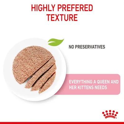 Highly preferred texture, no preservatives, everything a queen and her kittens needs. Image shows sliced food on a plate.
