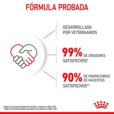 FÓRMULA PROBADA. Desarrollada por veterinarios. 99 % de criadores satisfechos*. 90 % de propietarios de mascotas satisfechos**. Encuestas de satisfacción 2020 y 2021.