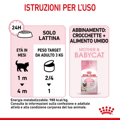 Istruzioni per l’uso Royal Canin Mother & Babycat: solo lattina 2/4 a 1 da 1 a 4 mesi, abbinamento crocchette + alimento umido. Energia metabolizzabile: 988 kcal/kg.