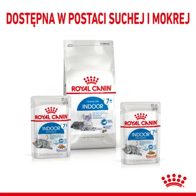 Royal Canin Indoor 7+ karma dla kotów, dostępna w postaci suchej i mokrej. Widoczne opakowania: duża torba oraz dwa saszetki 85 g z napisem Indoor Sterilised 7+.